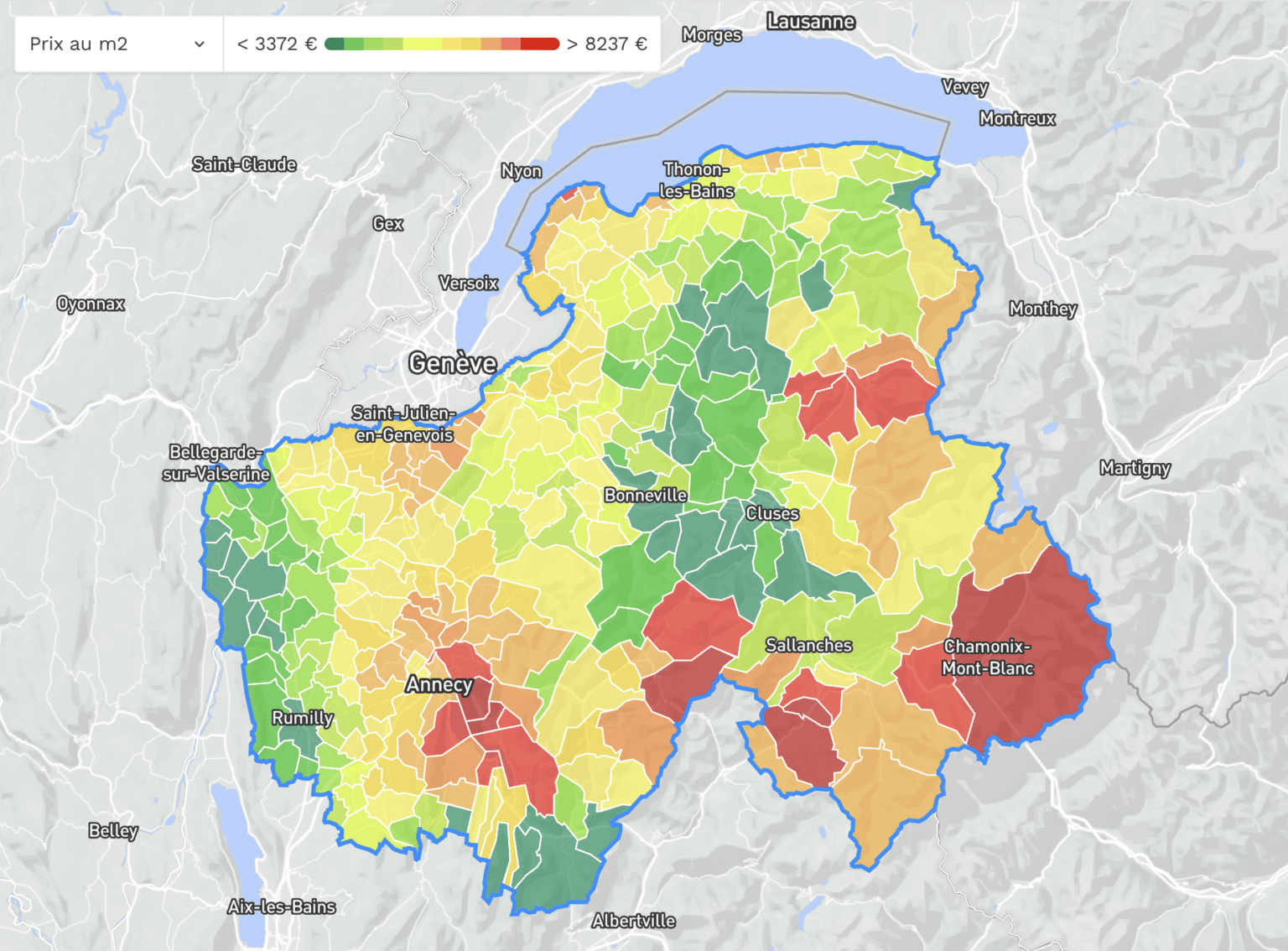 Heat Map des prix de l'immobilier au mètre carré en Haute-Savoie