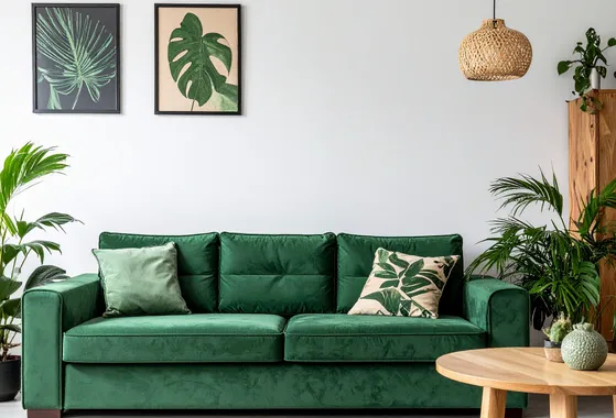 Interieur moderne avec un canapé vert au centre du salon d'un appartement dans le centre de Sallanches