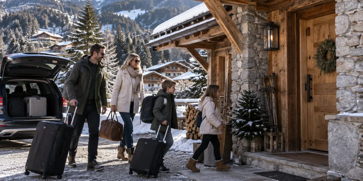 Famille découvrant leur chalet en location saisonnière pour leur vacances en Haute Savoie
